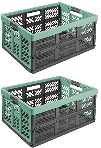 2X Stabile Profi Klappbox 45L - 54 x 37 x 28 cm - Einkaufskiste klappbar mit Soft-Griffe - Transportkiste stapelbar, Grün/Graphit