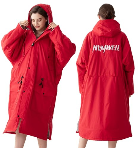 NUMWELL Warm Waterproof Swim Parka Adult, Oversized Hooded Changing Robe, Plush Fleece Winter Surf Poncho for Water Sports (Red)