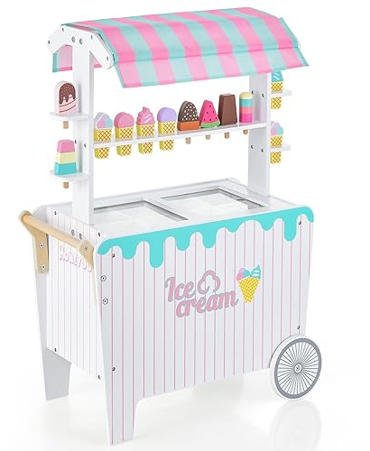 COSTWAY Kids Ice Cream Cart, Wooden Grocery Store Playset with Canopy, Display Rack, Simulation Frozen Compartment & 12 Ice Cream Accessories, Role Play Dessert Shop Trolley for Ages 3+