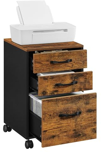 VASAGLE File Cabinet with 3 Drawers, Rolling Office Filing Cabinet with Wheels, for A4, Letter Sized Documents, Hanging File Folders, Industrial, Rustic Brown and Ink Black OFC065B01
