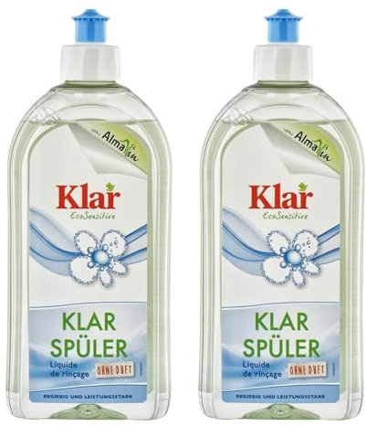 Klar EcoSensitive Klarspüler (2 x 500ml) - Unparfümiert - Geschirrspülmittel - Flüssigkeit - Wasserflecken entfernen, Trocknung unterstützen - Für alle Spülmaschinen geeignet