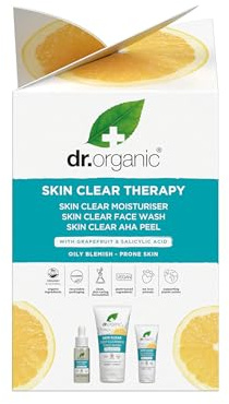 Dr Organic - Skin Clear Therapy Set - Moisturiser, Face Wash & AHA Peel - Oil & Blemish Control, Pore Reducing & Clearer Skin - Vegan, Cruelty, Paraben & SLS Free - 50ml, 125ml & 30ml - Bundle