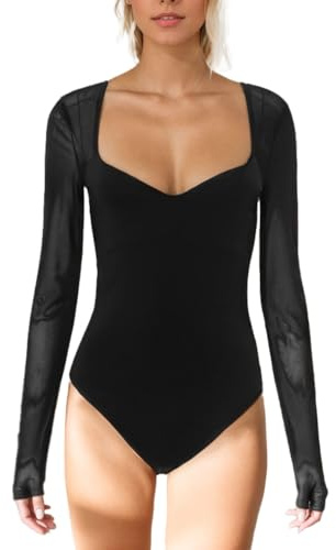 EMOTTOS Body de Encaje de Mujer, Sexy Body Sin Espalda con Cuello Corazón, Leotardo Transparente en V con Mangas de Malla, Slim Body con Cierre a Presión para Mujeres Sexy Fiesta Ropa, Negro, L