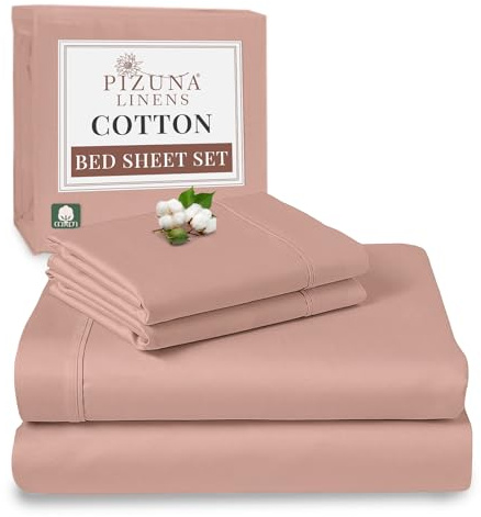 Pizuna 100% Cotton Super King Bed Sheet Set Misty Rose 400 Thread Count | 400 Thead Count Long Staple Cotton Bedding, 300x280 cm, Soft Sateen 4 Pc King -fitted Flat Sheet & 2 Pillowcases