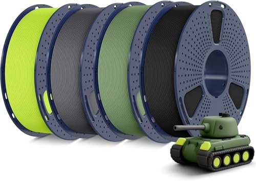 SUNLU 4KG Matte PLA Filament 1.75mm Set, 3D Drucker Filament mit Matter Oberfläche, Neatly Wound PLA Filament, Einfach zu Bedienen, 1KG/Spule, 4-Pack, Schwarz+Olivgrün+Grau+Neon Gelb
