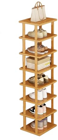 5/7/8 Tiers Wooden Shoe Rack, Narrow Slim Shoe Rack Storage with 2 Hooks, Space Saving, Vertical Tall Shoe Shelf Stand for Entrance, Living Room, Hallway (8 Tiers)