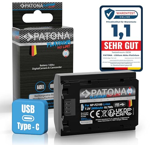 PATONA Platinum Batteri för Sony NP-FZ100 FZ100, 2600mAh med USB-C | Ersättningsbatteri för Alpha 6600 6700 A1 A9 II A7 III IV A7R 7C 7CR 7S 7R A7III FX3 FX30 A7C2 A7R3 – laddas direkt