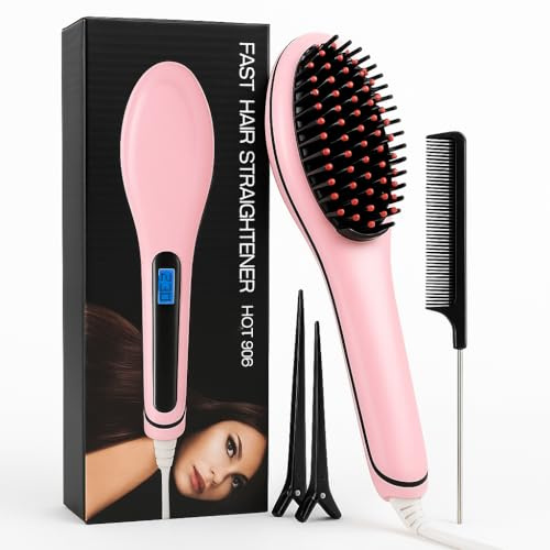 ONEZOR - Cepillo Alisador Pelo Profesional 2 en 1 con Ionización y Pantalla LCD, Temperatura 80°C-230°C, Peine con 2 Pinzas, Plancha de pelo y Cepillo Secador de Pelo para un Acabado Suave y Brillante