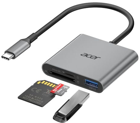 acer Lettore di schede SD con USB 3.0, lettore di schede SD USB C 3.0, Adattatore per SD/Micro SD/SDHC/SDXC/MMC, compatibile con iPhone 16, MacBook Pro/Air, iPad Pro 2021, Pixel, XPS 13, ecc.