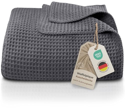 LAYNENBURG Coperta in cotone piqué di alta qualità 220x240 cm - Oeko-TEX 100 - Misto cotone Coperta morbida - Coperta per la casa, coperta per divano e coperta per divano (antracite)