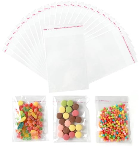 HURUC Clear Cellophane Wrap Bags 17.8x13cm 100 Pack Self Seal | Clear self-seal cellophane bags for sweets, cookies, jewellery, gifts, party favours and crafts.