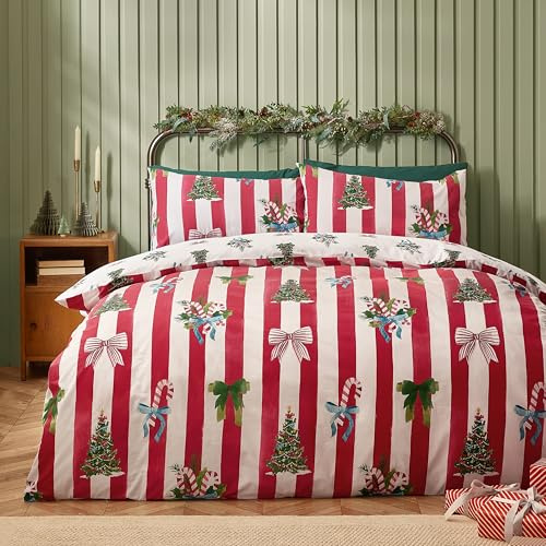 Catherine Lansfield Christmas Stripe Reversible Single Duvet Cover Set with Pillowcase Red
