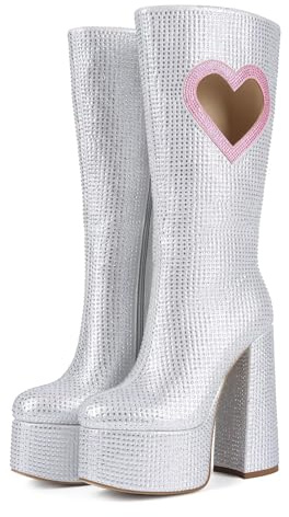 Frankie Hsu Botas de tacón alto hasta la rodilla con plataforma gruesa, diseño de corazón rosa plateado con diamantes de imitación, para niñas grandes y grandes, botas largas de pantorrilla ancha para