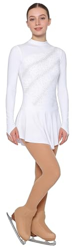 Sinleey Ensemble Tenue Patinage Artistique Femme Justaucorps Robe Danse Manches Longues Strass avec Collant Patin à Glace Roller Blanc S