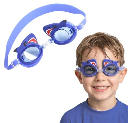 1 Occhialini da Nuoto Bambini a Forma di Squalo Blu, Lenti Antiappannamento e Protezione UV, Fascia Regolabile, per Piscina e Mare