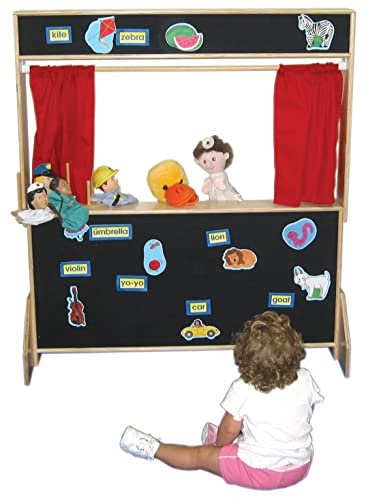 Wood Designs Deluxe Puppet Theater - Flannel Puppet Theater with 2 Chalkboards - Preassembled Sturdy Plywood Construction 2 Shelves - Round Edges for Kids Baby Safety Home Classroom Montessori School