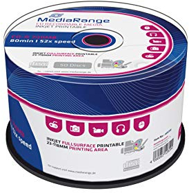 MediaRange CD-R 700MB|80min 52-fache Schreibgeschwindigkeit, vollflächig bedruckbar (Tintenstrahldrucker), Pack 50