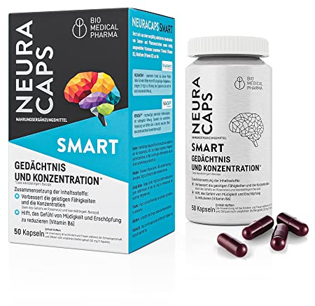 Koffein Kapseln, Rhodiola Rosea, Brahmi, Ginkgo Biloba, Grüner Hafer, Vitamine B1, B2, B6 – Gedächtnis und Konzentration – NeuraCaps Smart (50 Kapseln)