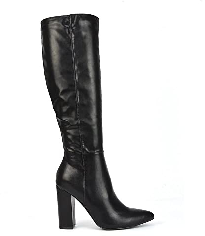 ESSEX GLAM Womens Knee High Boots Ladies Block High Heel Synthetic Leather Pointed Toe Long Shoes Size 3-8