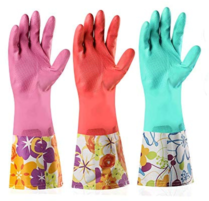 Yiomxhi 3 Paires Gants de Ménage en Caoutchouc Longs Réutilisables pour Vaisselle, Nettoyage de Cuisine et du Linge - Latex