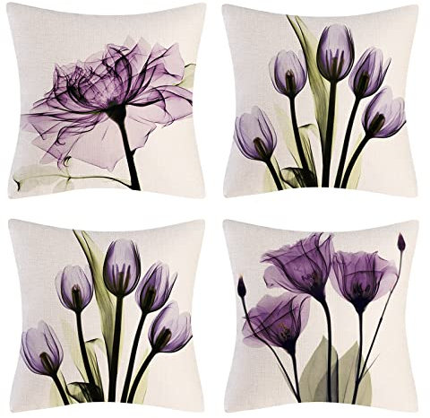 OCEUMACO Linen Cushion Covers 40cm x 40cm Sofa Living Room Set of 4 Square Art Lilac Floral Throw Pillow Cases 16 x 16 Inches Outdoor Decorative Boho Flowers Pillowcases Cushions Cover - Purple