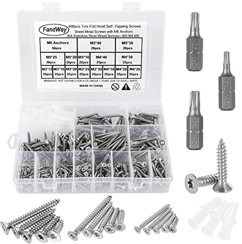FandWay 400Pcs Torx Self-Tapping Screws,M3 M4 M5 Wood Screws Kit,Flat/Countersunk Torx Security Anti-Theft Screw,304 Stainless Steel Self Drilling Sheet Metal Screw With 3 bits and M6 Anchors.