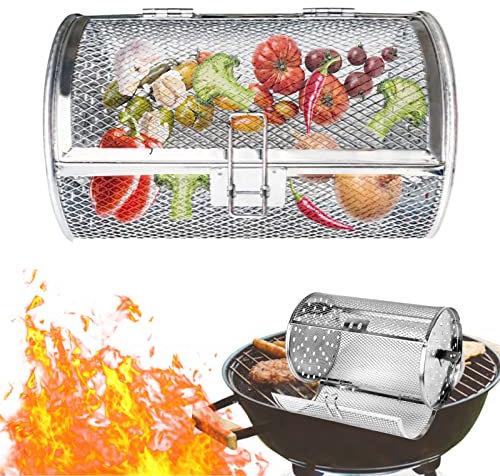 ENCOMAG Panier à barbecue rond en acier inoxydable pour mini four, panier à rôtir à rôtir à broche, panier rond pour barbecue, camping, pique-nique, 12 x 12 x 18 cm, argenté