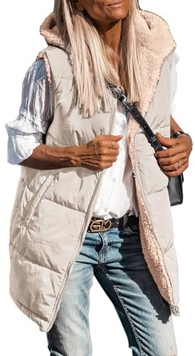 PRETTYGARDEN Womens 2025 Fall Reversible Long Vests Sleeveless Fleece Jacket Zip Up Hoodie Pockets Warm Coat Winter Clothing (Light Khaki,Small)