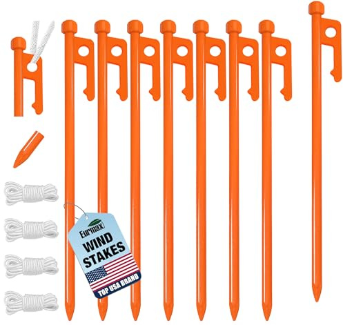 Eurmax USA 8-Pack Secure Protection Galvanized Tent Stakes,Rust-Proof Steel Canopy Anchors for High Winds,Heavy Duty Commercial Ground Pegs for Camping,Pop Up Tent&Gazebo -Includes 4x10ft Ropes,Orange