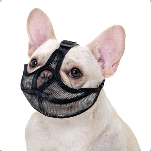 ILEPARK Französische Bulldogge Maulkorb, Won't Cover Stirn Hund Maulkorb für Kurze Schnauze Hund, einstellbare Atmung Mesh, Anti Biting Kauen Bellen(L,Schwarz)