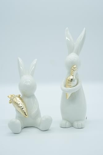 HEITMANN DECO Conejos de Porcelana con Zanahoria – Juego de 2 – Blanco – Aprox. 21 x 17 cm