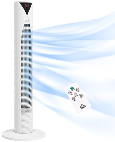 HOMCOM Ventilateur colonne, avec télécommande, minuterie 12 heures, mode veille, 3 vitesses, ventilateur tour oscillant pour maison, chambre à coucher, bureau, blanc