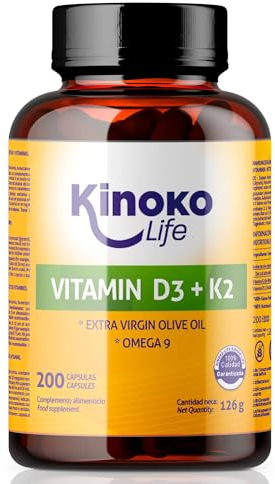 KINOKO LIFE - Vitamina D3 K2 | 200 Capsule Liquide con Omega 9 e Olio Extravergine di Oliva, Vitamina D3 2000 ui y Vitamina K2 MK7 | Vitamine Donna | Vitamine Uomo | K2 Vitamina | Vitamina D3 e K2