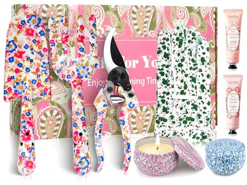 Gardening Gifts For Women, Garden Tools Set Floral Print Fork Trowel Set, Candles Gloves,3Hand Cream, Birthday Gift for 50Th 60Th 70Th Mum, Retirement, Mothers Day, Christmas (red blue)