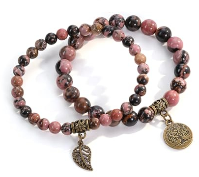 JSDDE Rhodonit Armband aus echte Steine Edelsteine Armband Wickelarmband Mehrschichtiges Armbänder Set Damen Perlenarmband mit Lebensbaum Anhänger Boho Schmuck für Damen Frauen