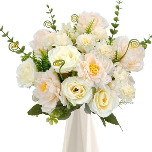 Zythrem Peony Artificial Flowers White Fake Flowers Faux Peonies Roses Bouquet Silk Flower Plastic Grave Flower for Wedding Table Centerpieces Party Floral Arrangement Home Kitchen Decor