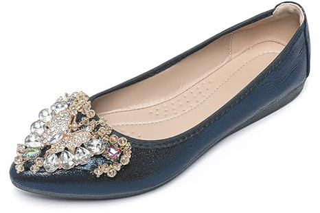 YOUNIFIZ Women's Ballet Flats Rhinestones Wedding Ballerina Shoes Foldable Portable Pumps Sparkly Comfort Slip on Flat Shoes(Navy Blue,Size 7)