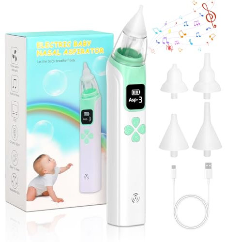 Mineup Elektrischer Nasensauger, Elektrisch Nasensauger mit 4 Wiederverwendbaren Düsenspitzen, 3 SaugstäRken und Musik Beruhigender Funktion, Automatisch Nasal Aspirator für Nase Rotz