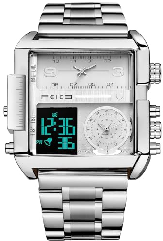 FEICE Orologio al Quarzo Quadrato Orologio al Quarzo Giapponese da Uomo Orologio da Polso Originale da Uomo Orologio Sportivo Multifunzionale FK030 Silver