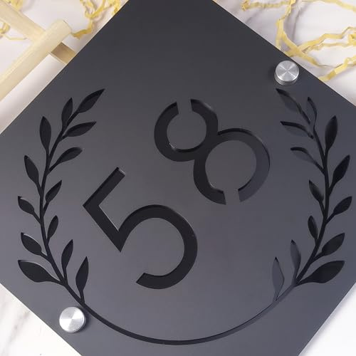 Letrero moderno personalizado con número de casa, placa de dirección acrílica cortada con láser con diseño de pétalos, letrero personalizado para puerta exterior (negro mate y espejo negro)