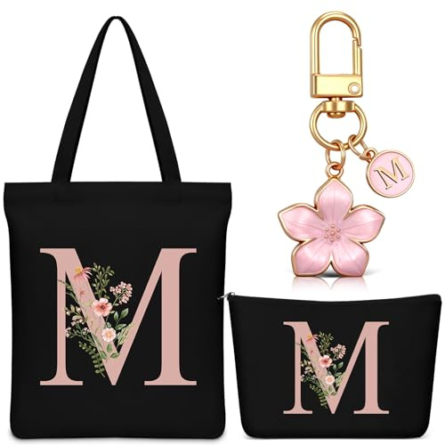 Hestya Set 3 Regali per Donna 1 Tote Bag in Tela Personalizzata con Iniziali Borsa Shopper 1 Borsa Cosmetica con Nome Beauty Case 1 Portachiavi con Lettera per Amica Collega Compleanni Nozze(Nero,M)