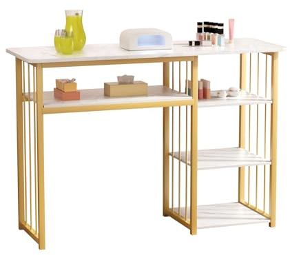 cukoekim Table de Manucure, Table à Ongles, Station de Manucure, Bureau de manucure avec Texture marbrée et 4 étagères Ouvertes, Bureau pour Technicien(ne) des Ongles pour Salon de beauté et Spa