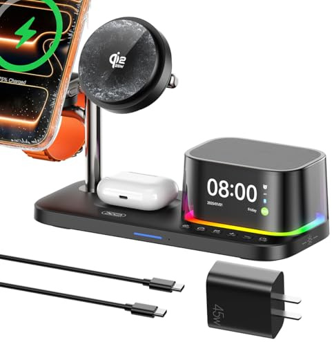 Charging Station 【 25W Fast Charging+Cooling Fan】 5in1 Magnetic Wireless Charger with Speaker and Alarm Compatible with iPhone/Watch/AirPod (45W Adapters Included) Black