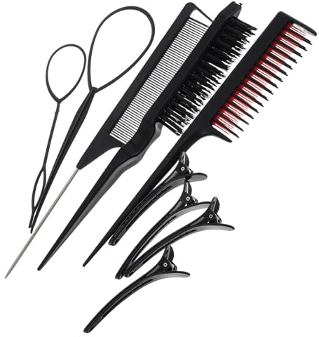 Uonlytech Juego de Peines Profesionales para Mechas y Cardado 9 Piezas Negras Peine Púa de Metal Portátil Herramienta de Peluquería para Todo Tipo de Cabello y Viaje