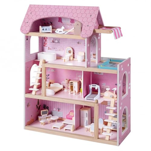 RELAX4LIFE Casa de Muñecas Madera de 4 Pisos con 33 Accesorios, 6 Habitaciones, Terraza, Piscina y 2 Escaleras, Casita de Muñecas de MDF y Madera Pino para Niños 3+ Años, 62x25x78cm (Rosa)