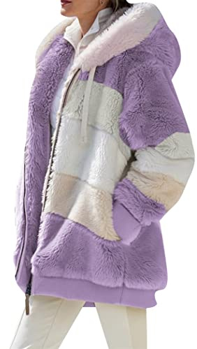 OMZIN Giacca Da Donna In Pile Casual E Caldo Cappotto Invernale Oversize Giacche In Pile Con Cerniera Teddy Outwear Viola 3XL
