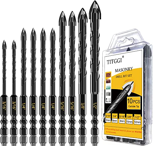 Tile Drill Bits Set & Masonry Drill Bit, Professional Concrete Drill Bit Set (10PCS) for Porcelain/Glass/Brick/Cement/Wood/Etc, Industrial Strength Carbide Cross Drill Bit Tip, 5mm-12mm