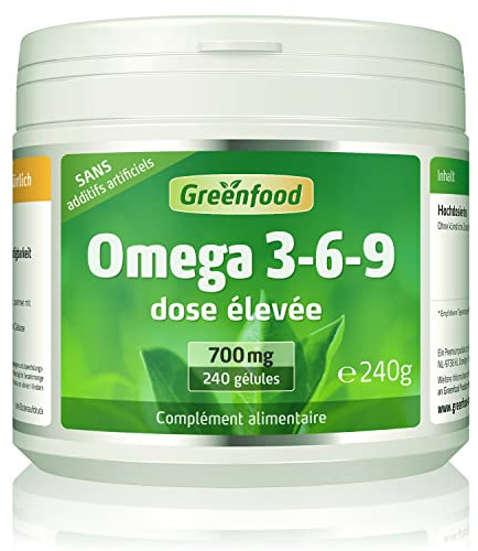 Greenfood Oméga 3-6-9, 700 mg, dose élevée, 240 gélules de softgel - pour cardiovasculaire et fonction cérébrale. Sans additifs artificiels. Sans génie génétique.