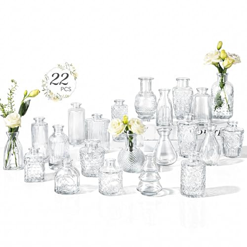 RUCKAE Small Clear Bud Vases Bulk 22 Pack Mini Flower Glass Vases for Centerpiece Table Wedding Decorations Home Decor Party