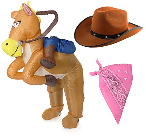 Cowboy maskeraddräkt för vuxna – uppblåsbar ridhäst, cowboyhatt och rosa paisley-bandana